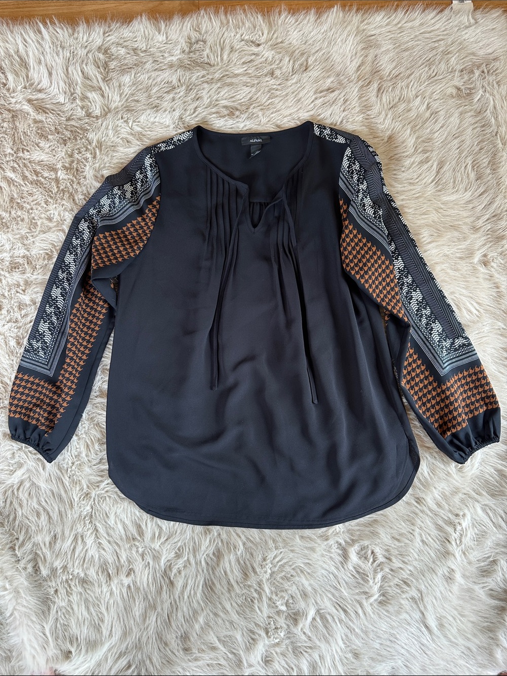 Alfani Black Blouse with Patterned Brown and White Sleeves